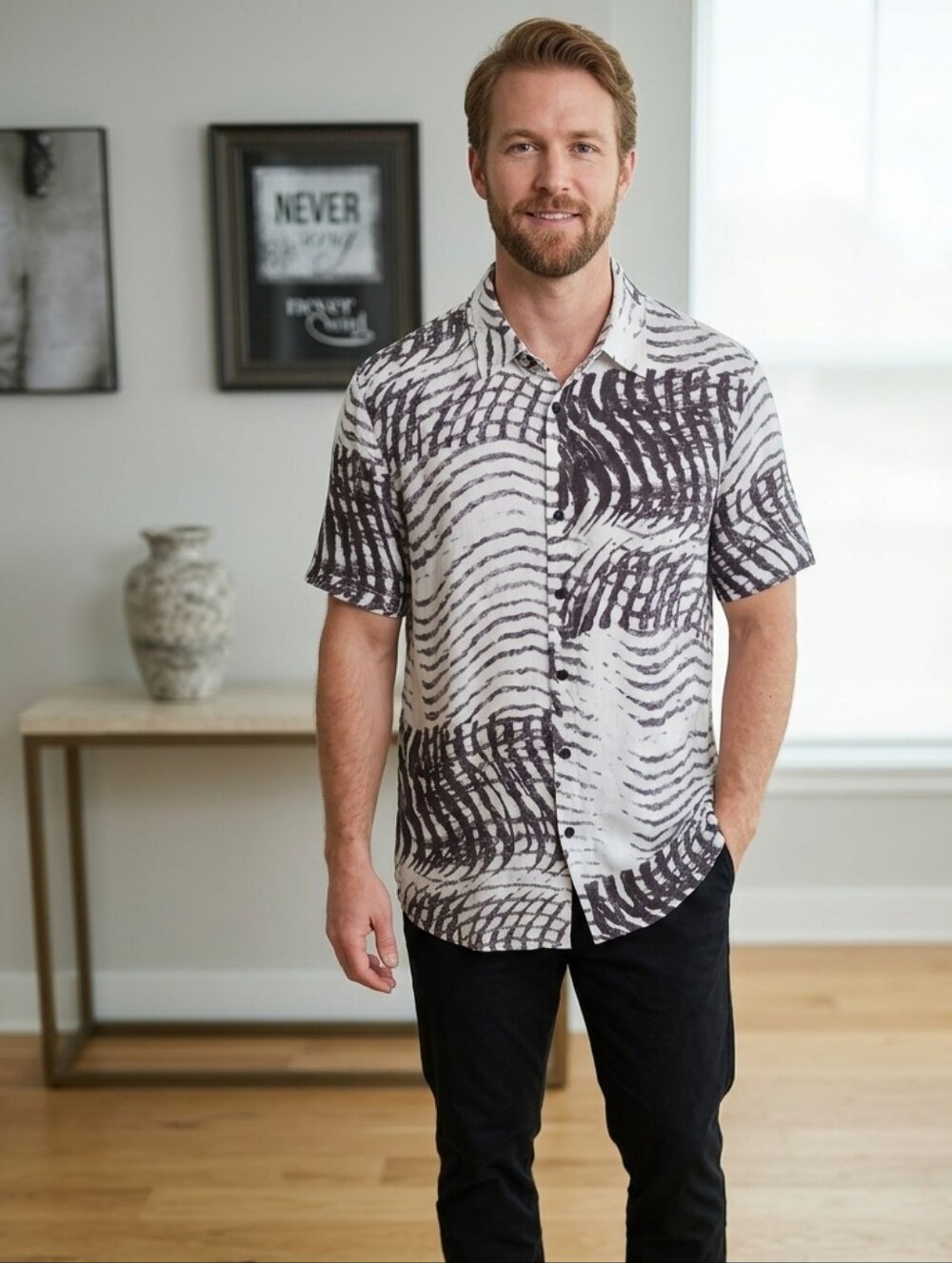 COOFANDY Abstract Graphic Short Sleeve Button Down Shirt L